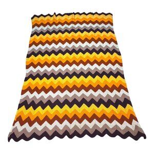 Vintage Chevron Afghan Blanket Crochet Yellow Orange Brown White Zigzag Throw